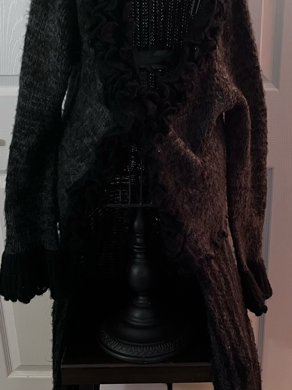 Women’s Black Ruffle-Front Cozy Sweater Cardigan